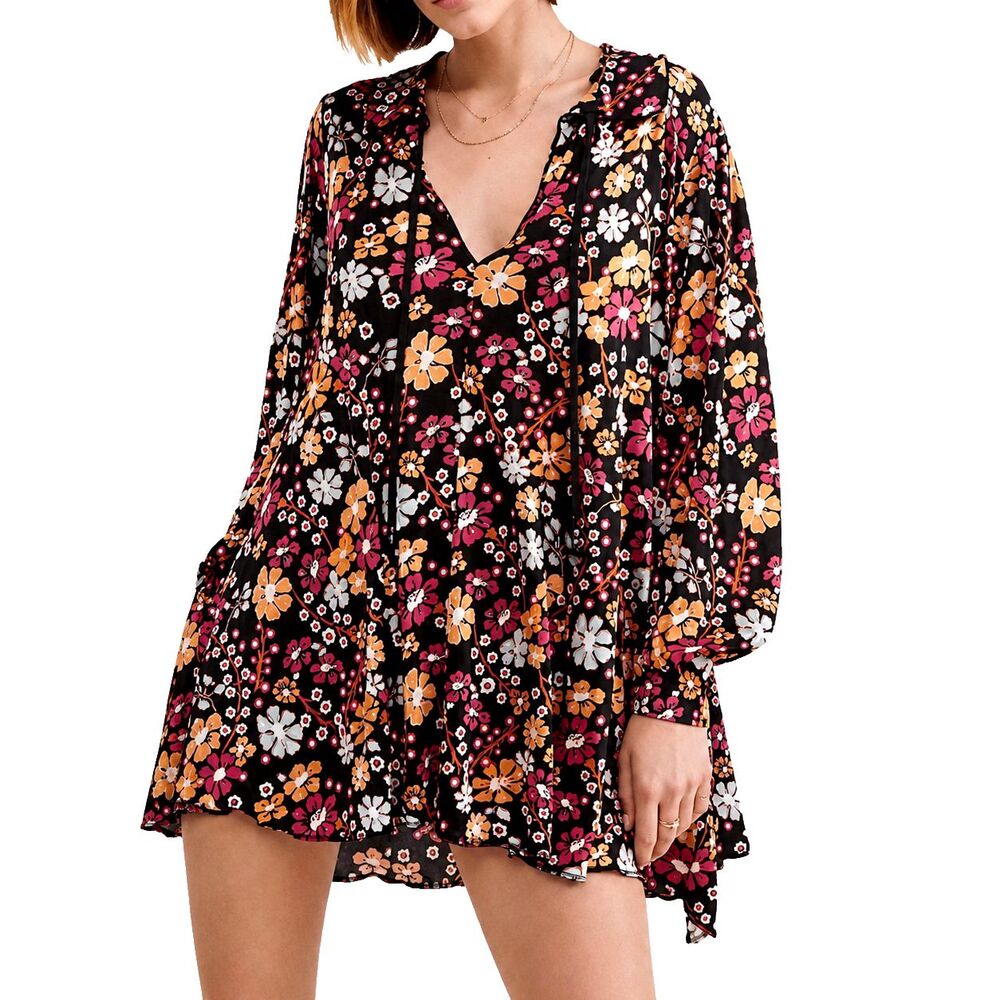 Free People Daisy Jane Mini Dress S Black Multi Floral Swing Boho Tunic Pockets